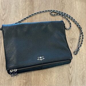 Zadig & Voltaire Black Pebbled Leather Zipper Fold Over Crossbody Bag
